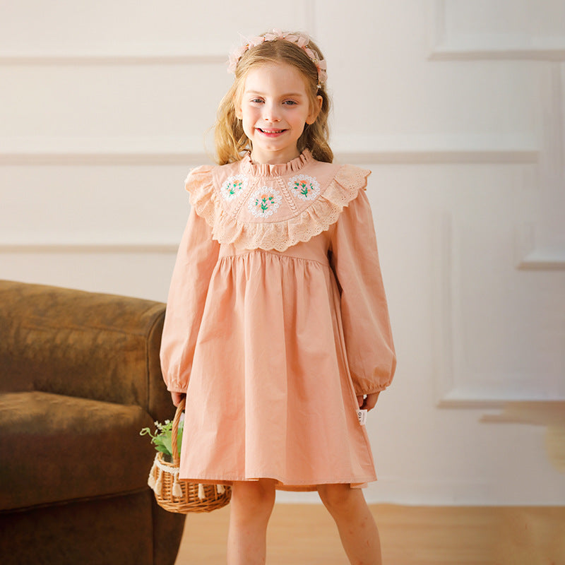 Design Autumn Girls Flower Embroidery Ruffle Neck Long Sleeves French Style Dress, MyKids-USA®, Baby & Toddler Dresses, MyKids-USA - - - - - - -