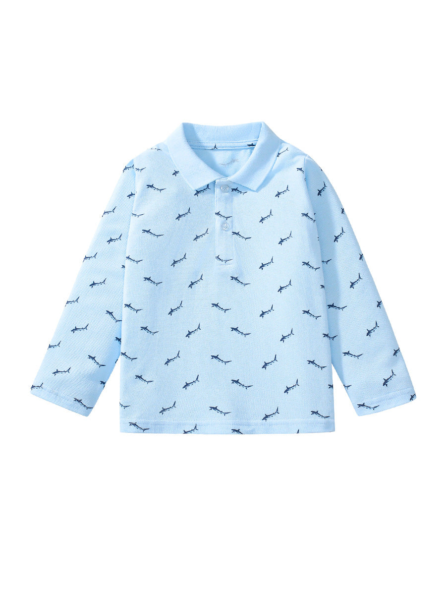 Camisa polo azul de manga larga con estampado de peces para niños