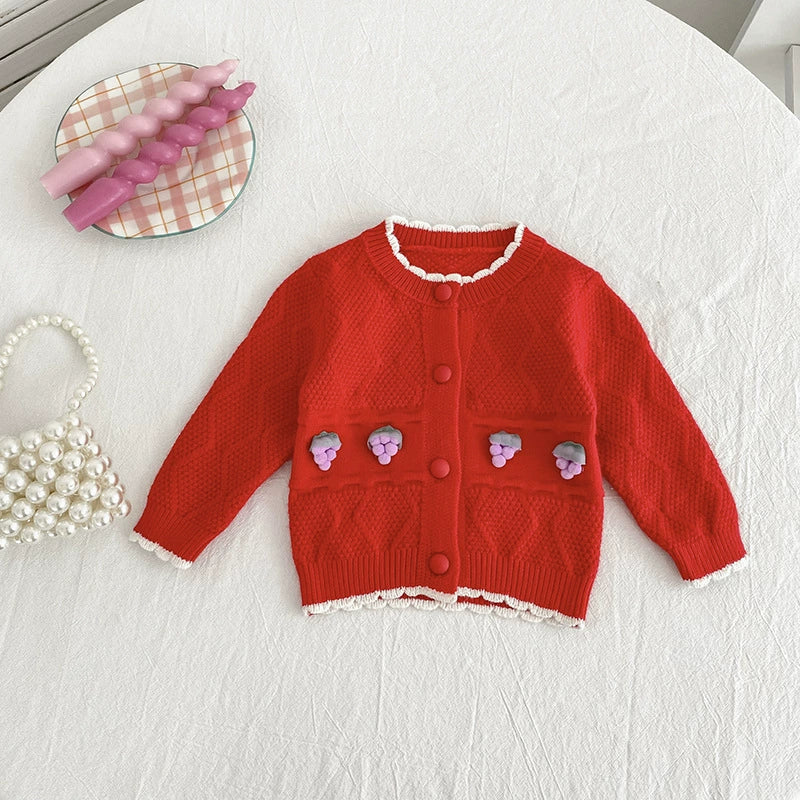 Autumn Arrival Baby Girls Comfortable Fruits Decorated Knitted Long Sleeves Argyle Jacquard Cardigan, MyKids-USA®, Cardigans, MyKids-USA - - - - - - -