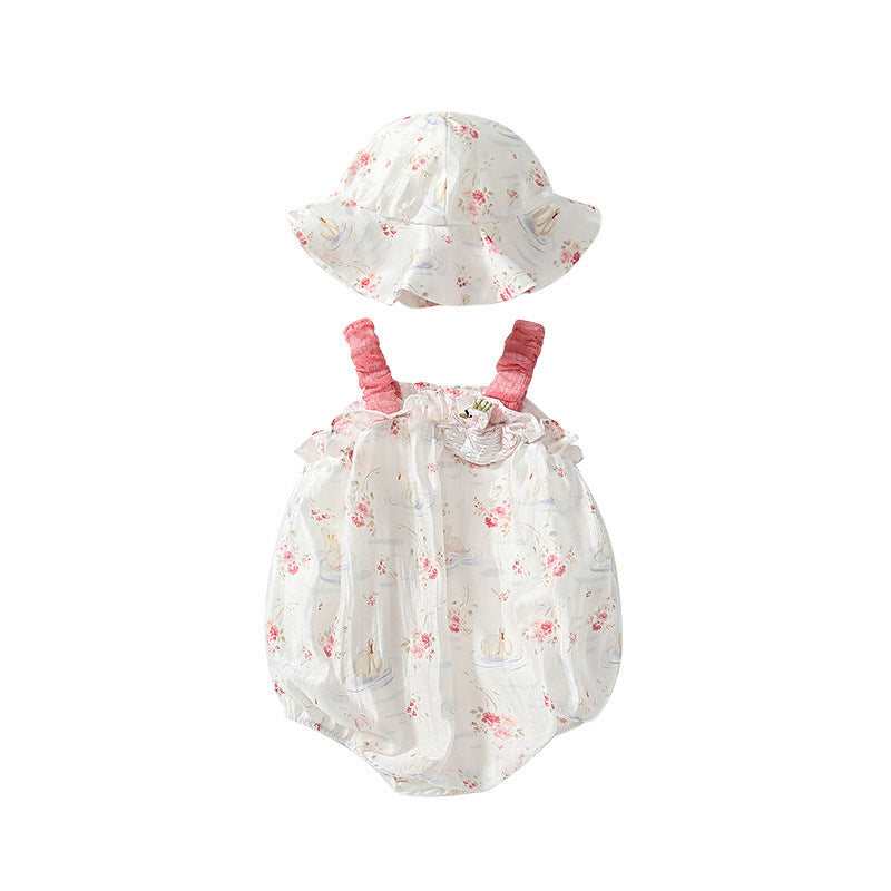 Summer Arrival Sleeveless Flowers and Animals Pattern Strap Onesies with Hat for Stylish Girls, MyKids-USA®, Baby One-Pieces, MyKids-USA - - - - - - -