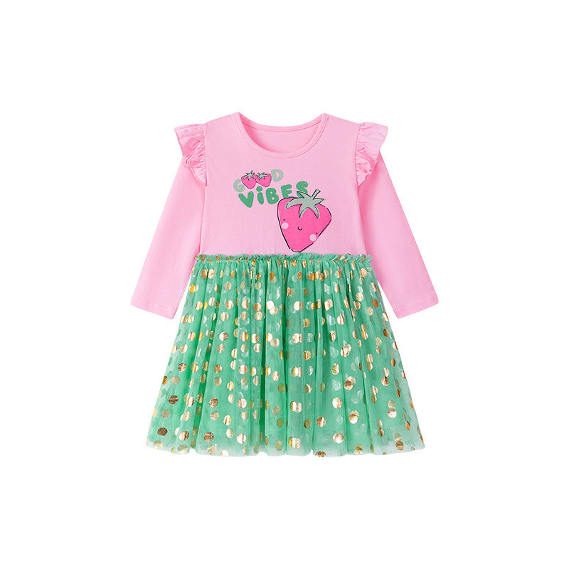 Autumn and Spring Arrival Strawberry Cartoon and Polka Dots Pattern Long Sleeves Crew Neck Dress for Stylish Girls, MyKids-USA®, Baby & Toddler Dresses, MyKids-USA - - - - - - -