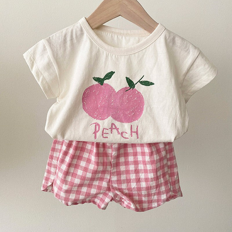 Summer Baby Kids Fruits Pattern Short Sleeves T-shirt and Plaid Shorts Clothing Set, MyKids-USA®, Baby & Toddler Outfits, MyKids-USA - Size/Age - 66 (3-6M) - Color - Pink - - - TR2504222002-C