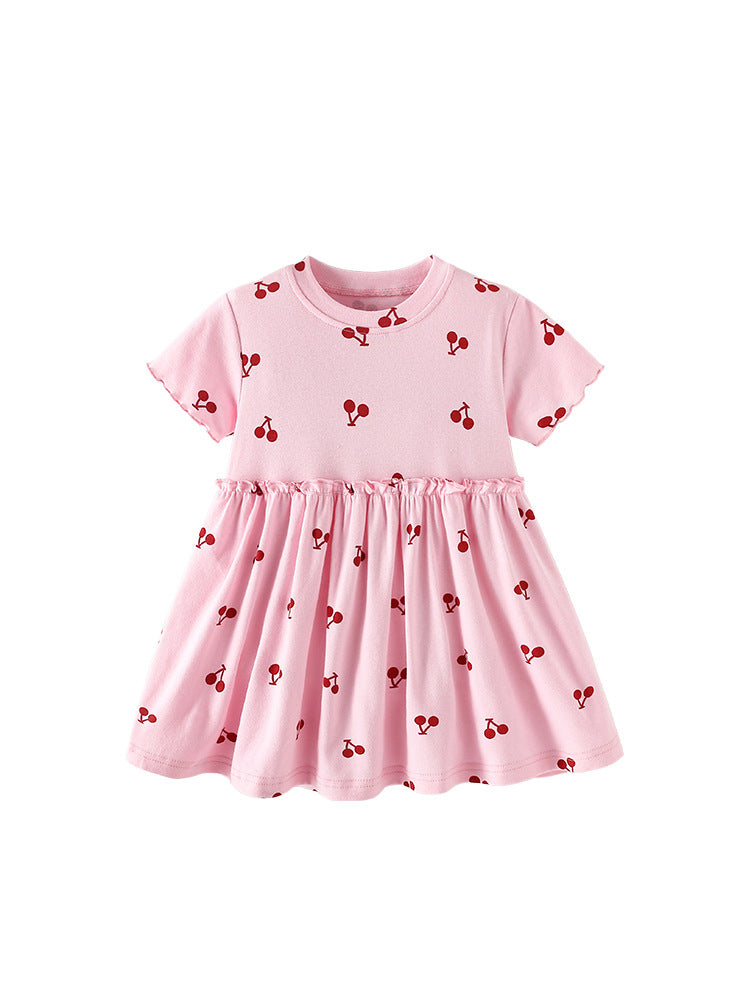 Summer Baby Kids Girls Short Sleeves Cherry Pattern Dress