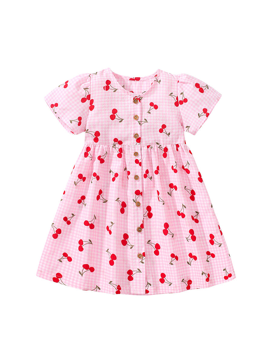 Baby Girls Crew Neck Plaid Cherry Print Short Sleeves Dress - 90 (12-24M) / Pink Baby Girls Crew Neck Plaid Cherry Print Short Sleeves Dress - 90 (12-24M) / Pink