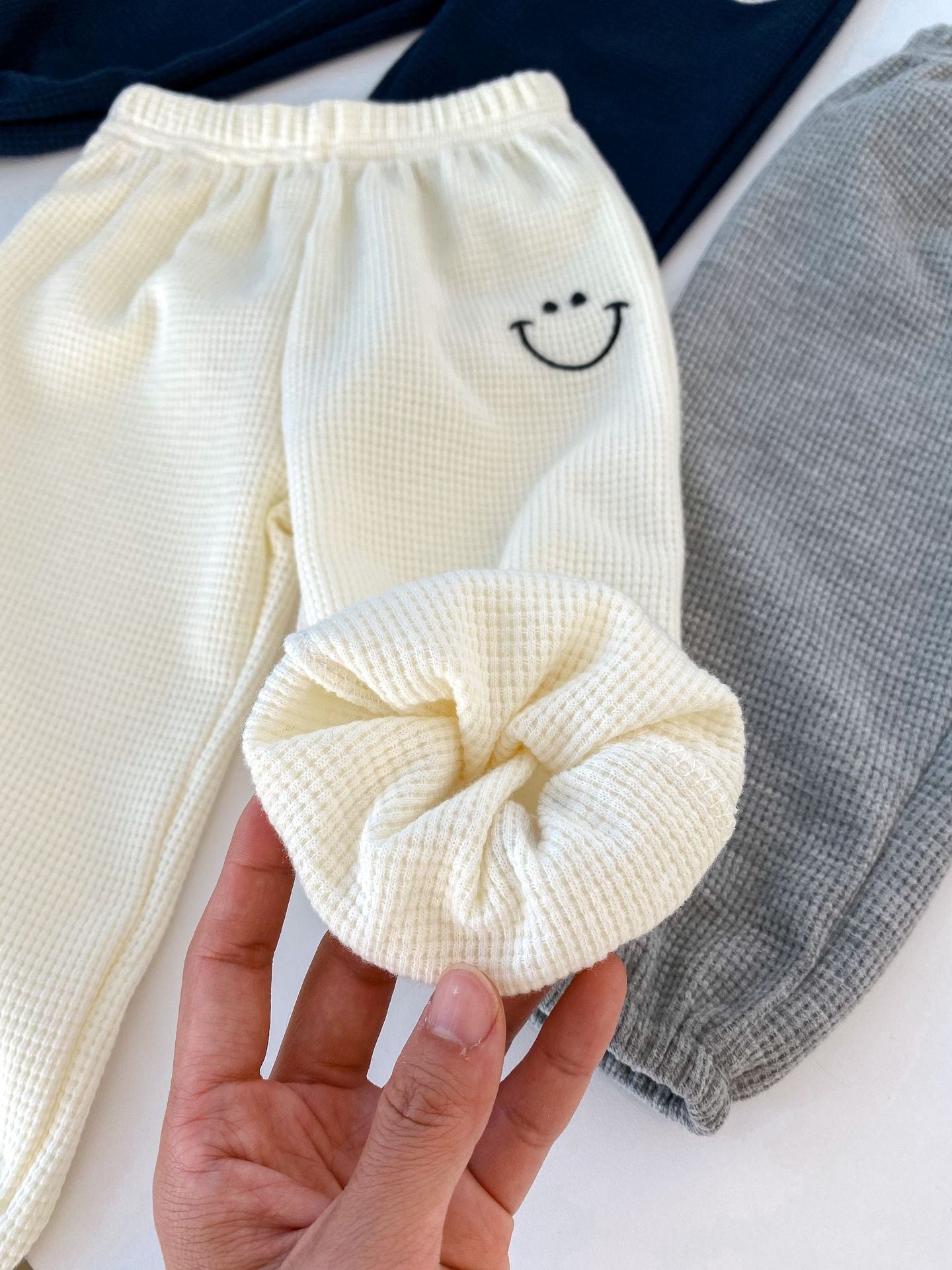 Spring Adorable Baby Kids Unisex Smiling Face Knitted Waffle Grid Thin Pants, MyKids-USA®, Baby & Toddler Bottoms, MyKids-USA - - - - - - -