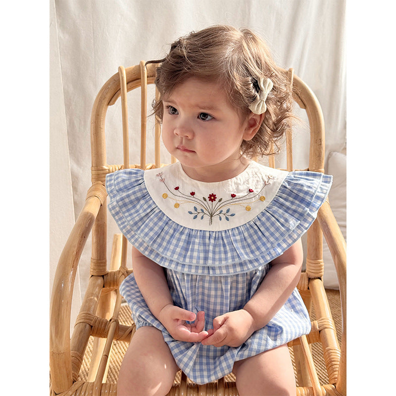 Summer Arrival Baby Cute Plaid Sleeveless Flowers Embroidered Onesies, MyKids-USA®, Baby One-Pieces, MyKids-USA - - - - - - -