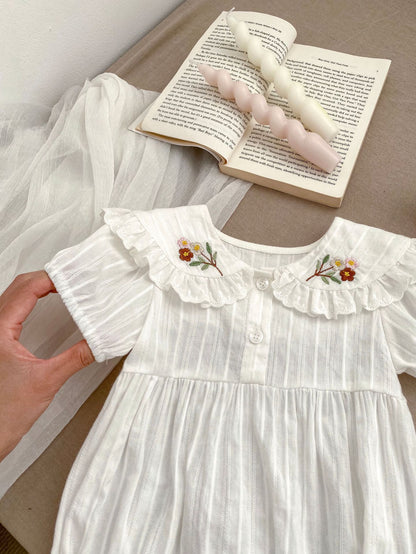 New Arrival Summer Girls Floral Embroidered Collar Short Sleeves Onesies