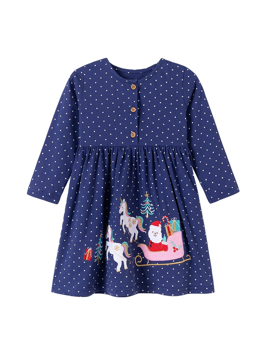 Autumn and Spring Arrival Christmas Cartoon and Dots Pattern Long Sleeves Crew Neck Dress for Stylish Girls, MyKids-USA®, Baby & Toddler Dresses, MyKids-USA - - - - - - -