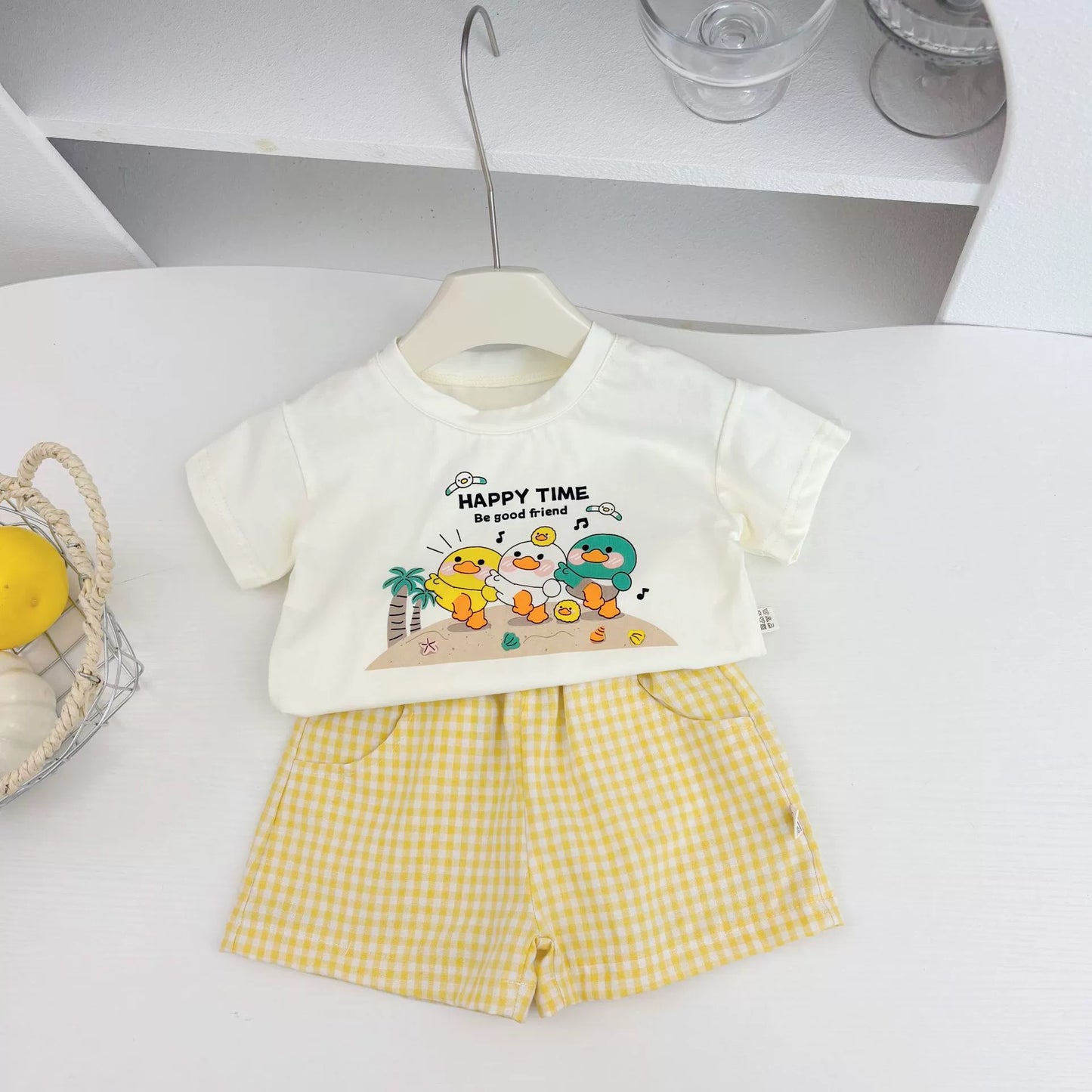 Summer Hot Selling Baby Kids Unisex Short Sleeves Cartoon Printed T-shirt and Plaid Shorts Clothing Set, MyKids-USA®, Baby & Toddler Outfits, MyKids-USA - Size/Age - 73 (6-9M) - Color - Yellow - - - TR2505272112-B