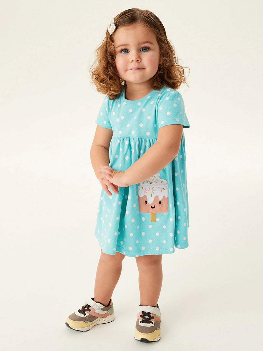Spring And Summer Baby Girls Short Sleeves Ice-Cream Cartoon Polka Dots Dress, MyKids-USA®, Baby & Toddler Dresses, MyKids-USA - - - - - - -
