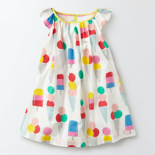 Baby Girl Allover Ice-Cream Graphic O-Neck Dress In Summer