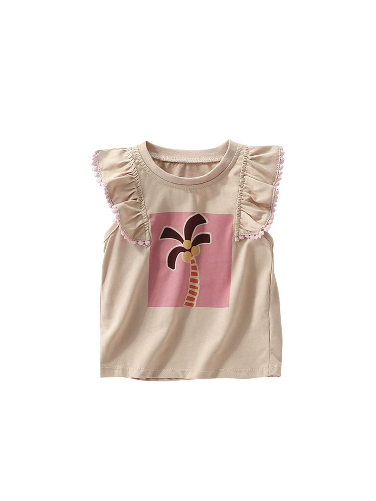Summer Arrival Girls’ Palm Tree Cartoon Pattern Fly Sleeves T-shirt in European and American Style, MyKids-USA®, Baby & Toddler Tops, MyKids-USA - - - - - - -