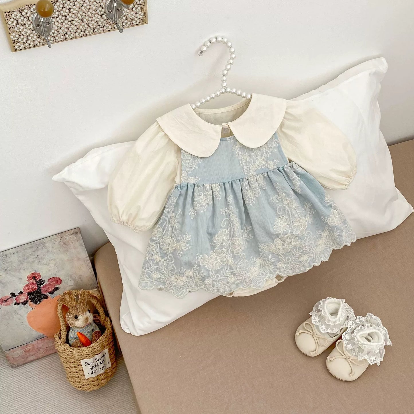 Spring and Autumn Baby Kids Girls Cherry Pattern Long Sleeves Beige Onesies and Flowers Embroidered Sleeveless Dress Clothing Set, MyKids-USA®, Baby One-Pieces, MyKids-USA - - - - - - -