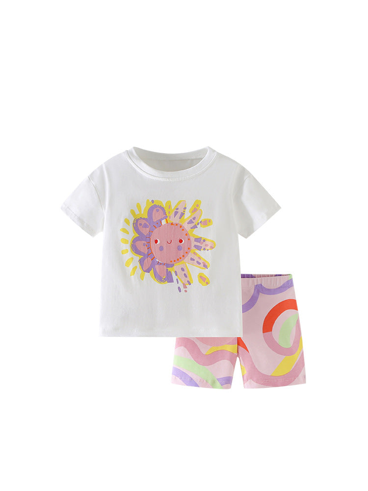 Summer Baby Kids Cartoon Sunshine Pattern T-shirt and Striped Shorts Clothing Set for Girls, MyKids-USA®, Baby & Toddler Outfits, MyKids-USA - - - - - - -