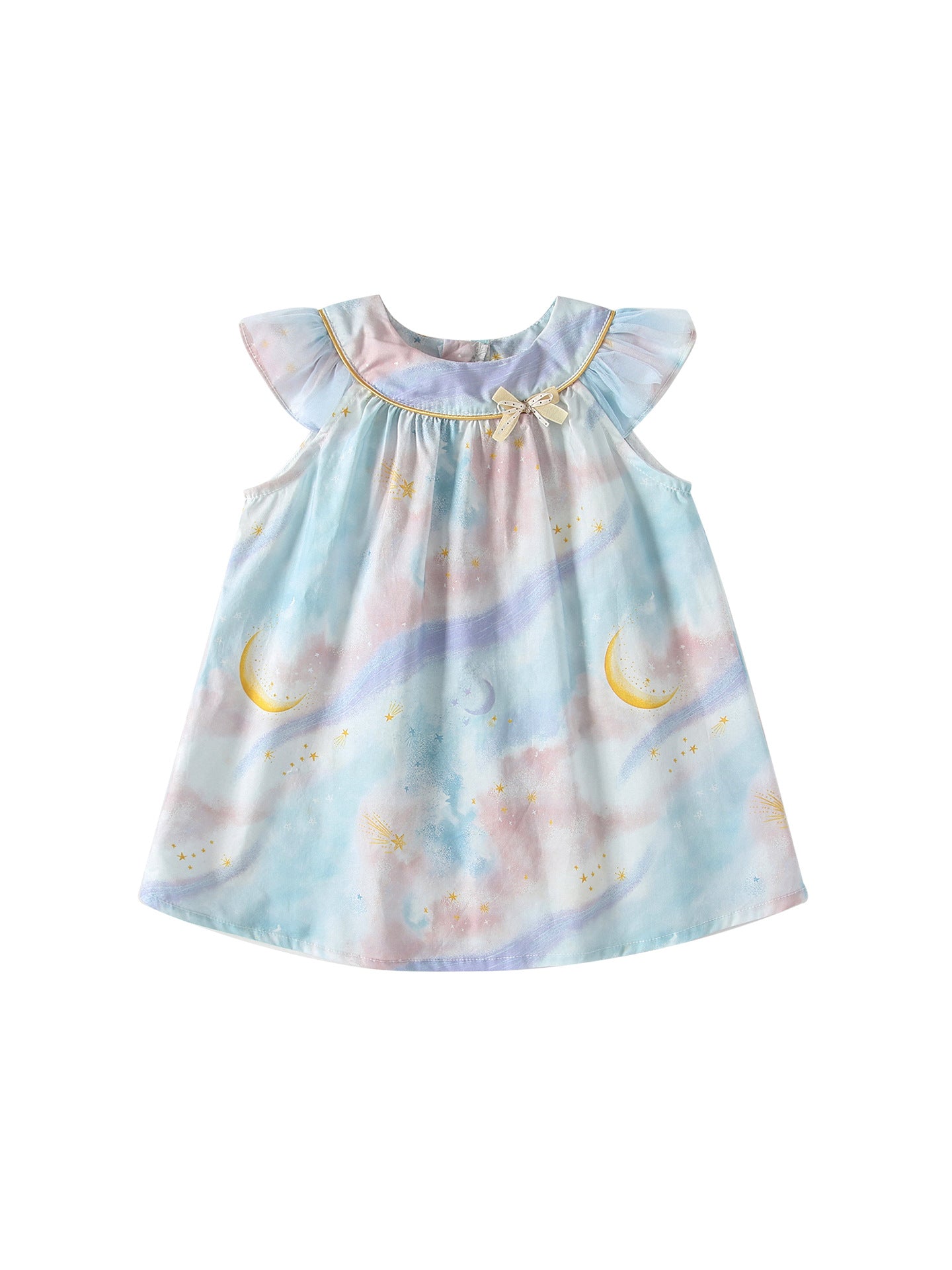 Summer Arrival Moon and Stars Pattern Fly Sleeves Dress for Stylish Girls