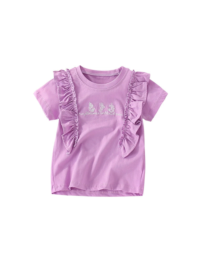 Summer Arrival Girls’ Flowers and Letters Embroidered Pattern Short Sleeves T-shirt in European and American Style, MyKids-USA®, Baby & Toddler Tops, MyKids-USA - - - - - - -