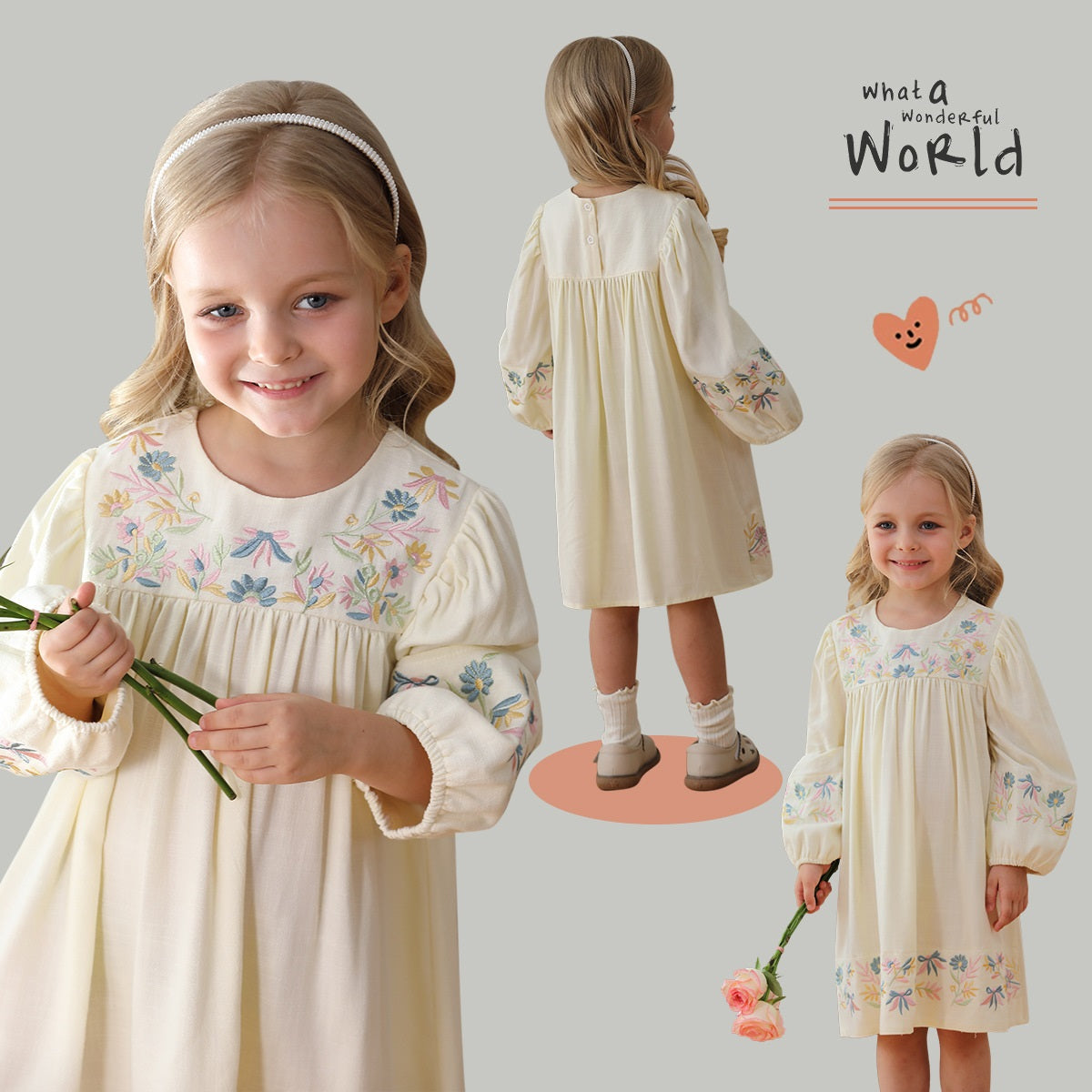 Spring and Autumn Vintage Flowers Embroidered Long-sleeved Dress for Stylish Girls, MyKids-USA®, Baby & Toddler Dresses, MyKids-USA - - - - - - -