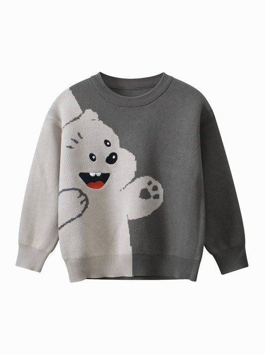 Baby Boy Kids Bear Pattern Crew Neck Long Sleeves Color Patchwork Knitwear Pullover
