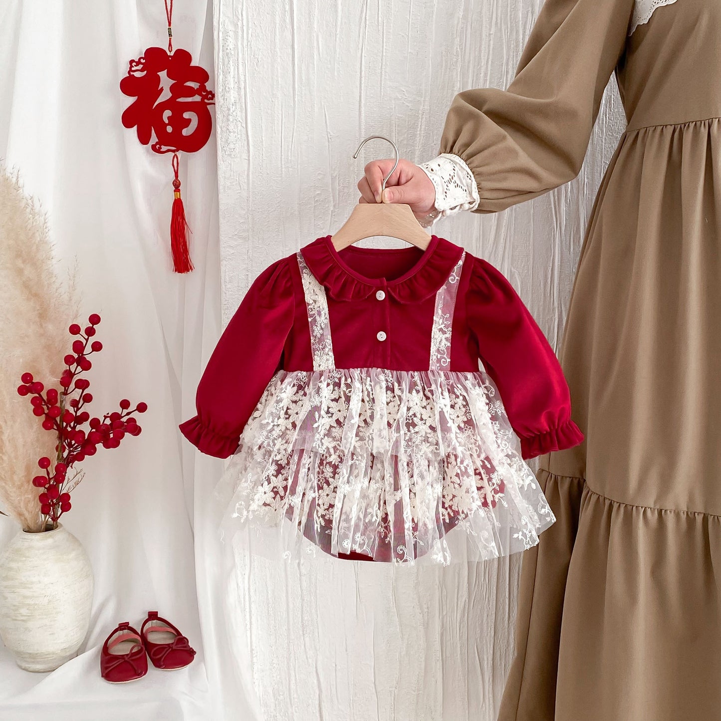 Arrival Baby Girls Long Sleeves Ruffle Collar Onesies Bodysuits Tulle Patchwork Dress, MyKids-USAยฎ, Baby One-Pieces, MyKids-USA - - - - - - -