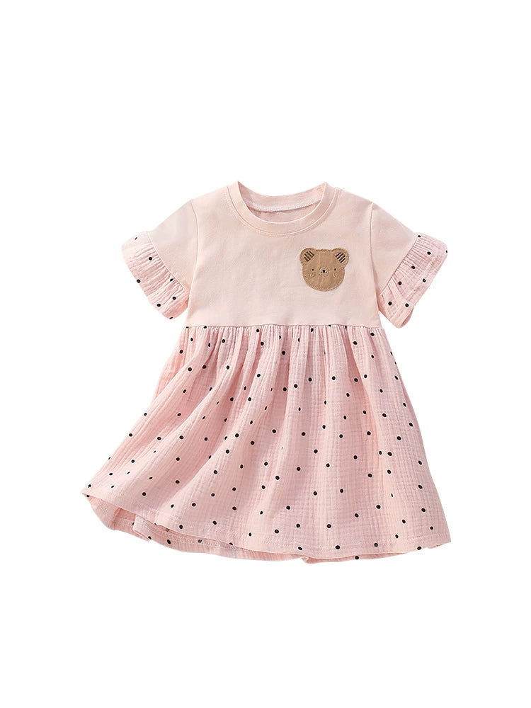 Summer Arrival Teddy Bear and Dots Pattern Short Sleeves Dress for Stylish Girls, MyKids-USA®, Baby & Toddler Dresses, MyKids-USA - - - - - - -