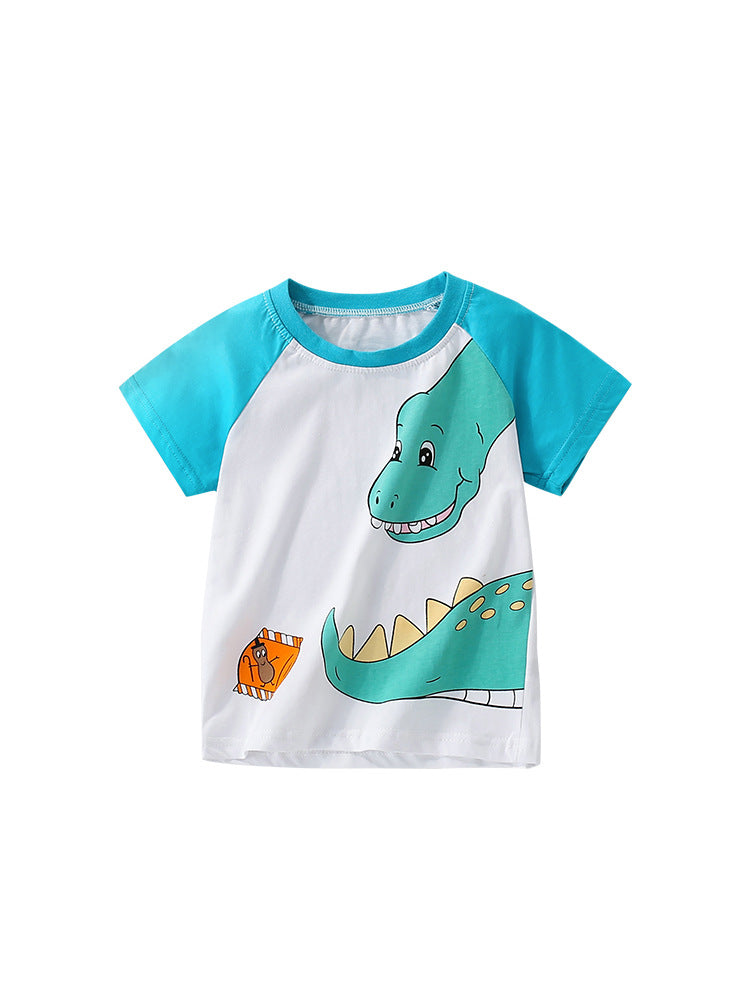 Summer Boys’ Dinosaur Cartoon Pattern Color Patchwork T-shirt in European and American Style, MyKids-USA®, Baby & Toddler Tops, MyKids-USA - - - - - - -