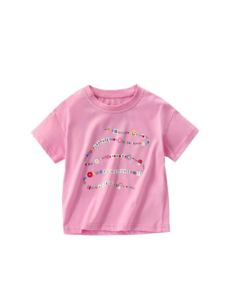Summer Arrival Girls’ Flowers and Letters Pattern Short Sleeves Pink T-shirt in European and American Style, MyKids-USA®, T-Shirts, MyKids-USA - - - - - - -