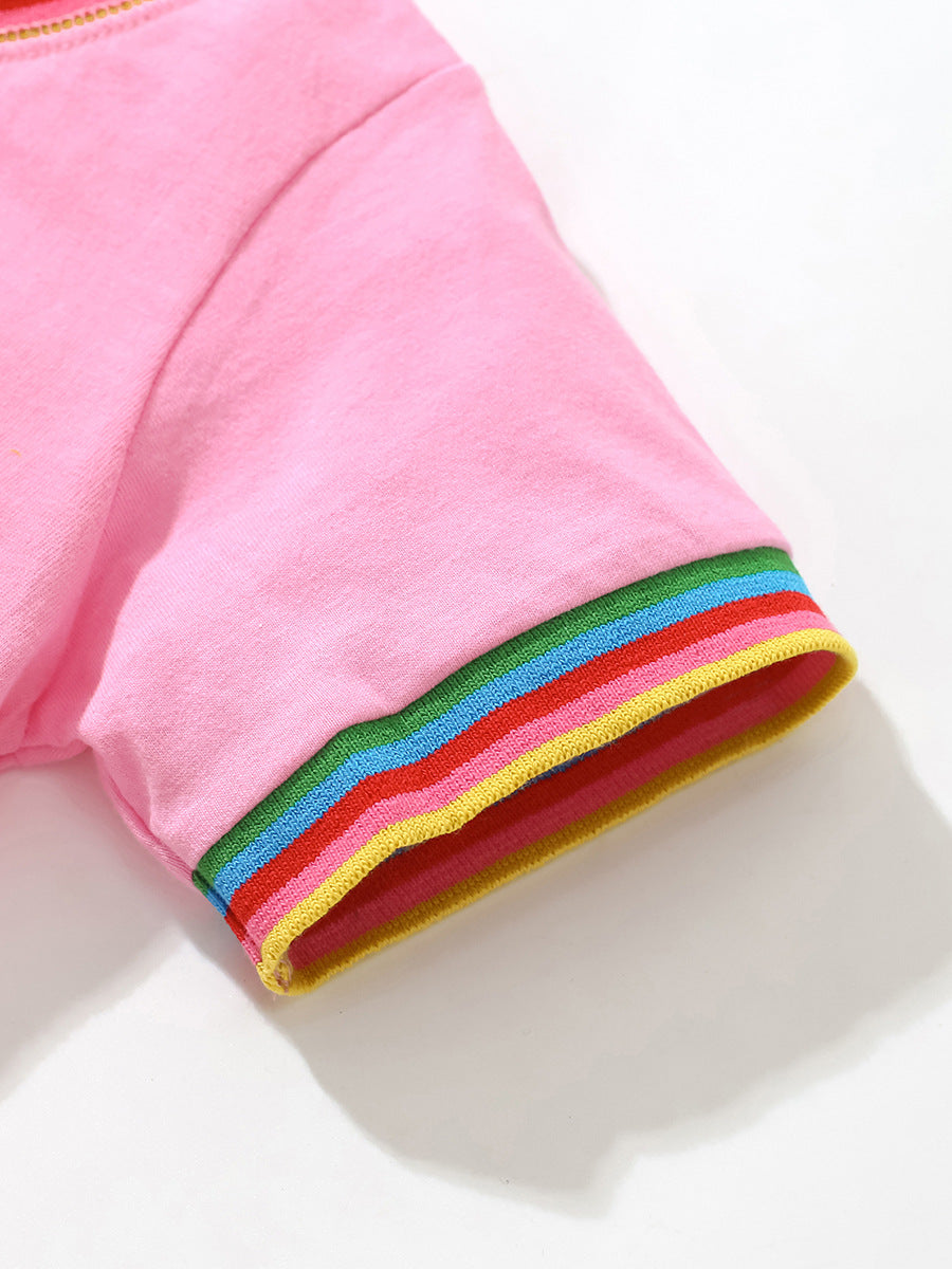 Summer Animals Pattern Short-sleeved Pink Dress with Colorful Striped Neck for Stylish Girls, MyKids-USA®, Baby & Toddler Dresses, MyKids-USA - - - - - - -