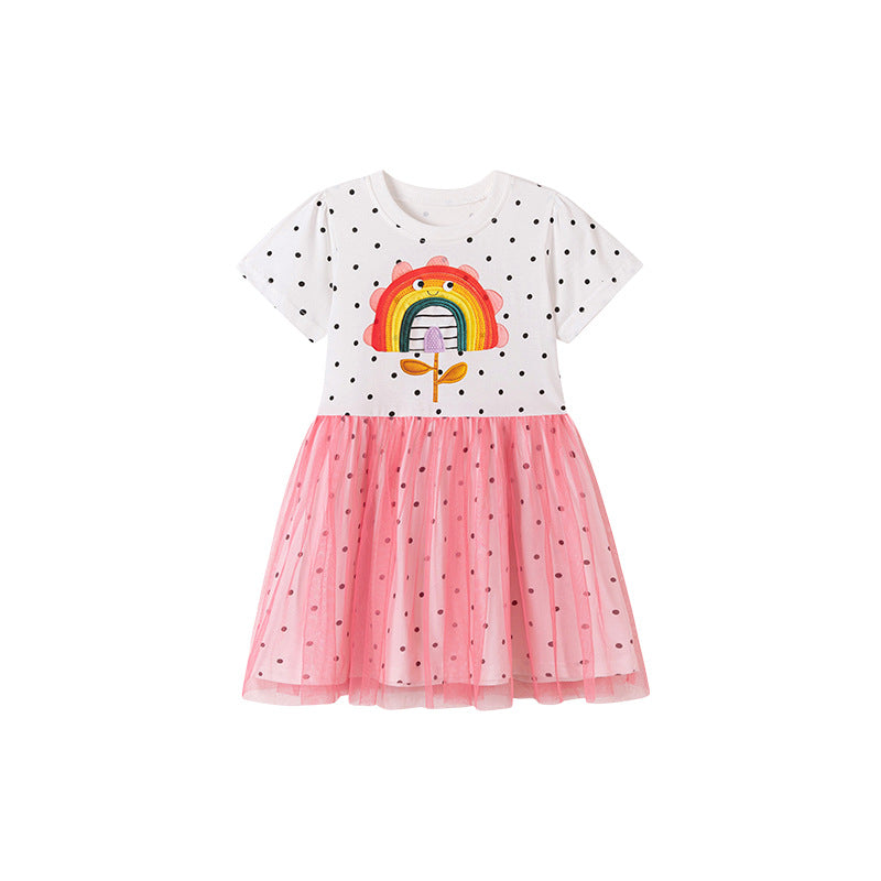Summer Arrival Rainbow Cartoon and Dots Pattern Short Sleeves Dress for Stylish Girls Summer Arrival Rainbow Cartoon and Dots Pattern Short Sleeves Dress for Stylish Girls