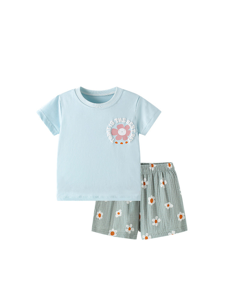 Summer Baby Kids Casual Flowers and Letters Cartoon Pattern T-shirt and Shorts Clothing Set for Girls, MyKids-USA®, Baby & Toddler Outfits, MyKids-USA - - - - - - -