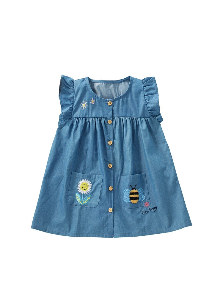Summer Arrival Cartoon Animals and Flower Embroidered Pattern Fly Sleevels Single Breasted Dress for Stylish Girls, MyKids-USA®, Baby & Toddler Dresses, MyKids-USA - - - - - - -