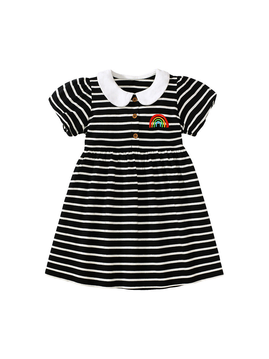 Baby Girls Peter Pan Collar Short Sleeves Striped Rainbow Logo Dress, MyKids-USA®, Baby & Toddler Dresses, MyKids-USA - - - - - - -