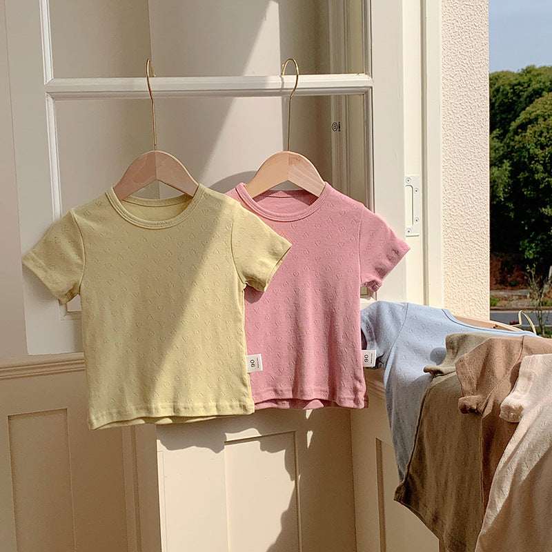 Design Kids Unisex Crew Neck Short Sleeves Solid Color Heart-Shaped Hollow Out Top, MyKids-USA®, Baby & Toddler Tops, MyKids-USA - Size/Age - 90 (12-24M) - Color - Pink - - - TR2404111739-E