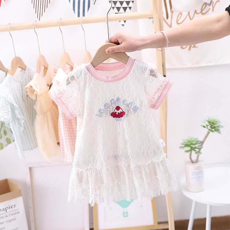 Summer Baby Girls Hot Selling Fashion Short Sleeves Lace Design Ice-Cream Pattern Dress - 80 (9-12M) / White Summer Baby Girls Hot Selling Fashion Short Sleeves Lace Design Ice-Cream Pattern Dress - 80 (9-12M) / White