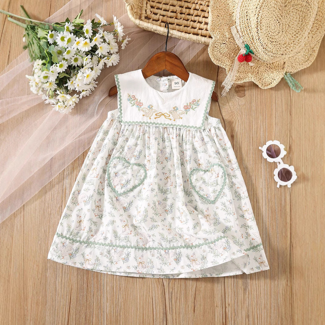 toddler summer dresses Summer Baby Kids Girls Sleeveless Floral Dress with Embroidery Collar 130 (7-8Y) / Green