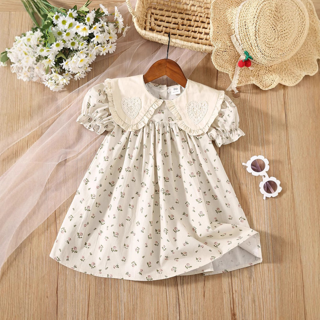 Summer Baby Kids Girls Short Sleeves Floral Dress with Heart Pattern Collar 140 (8-10Y) / Beige