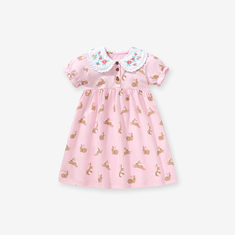 Baby Girls Peter Pan Floral Collar Short Sleeves Rabbits Pattern Dress, MyKids-USA®, Baby & Toddler Dresses, MyKids-USA - - - - - - -
