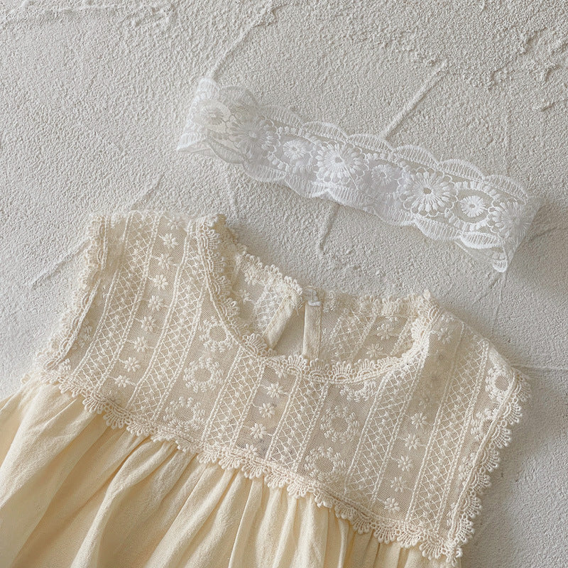 Summer Arrival Baby Girls Sleeveless Lace Flowers Pattern Bodysuit with Hairband