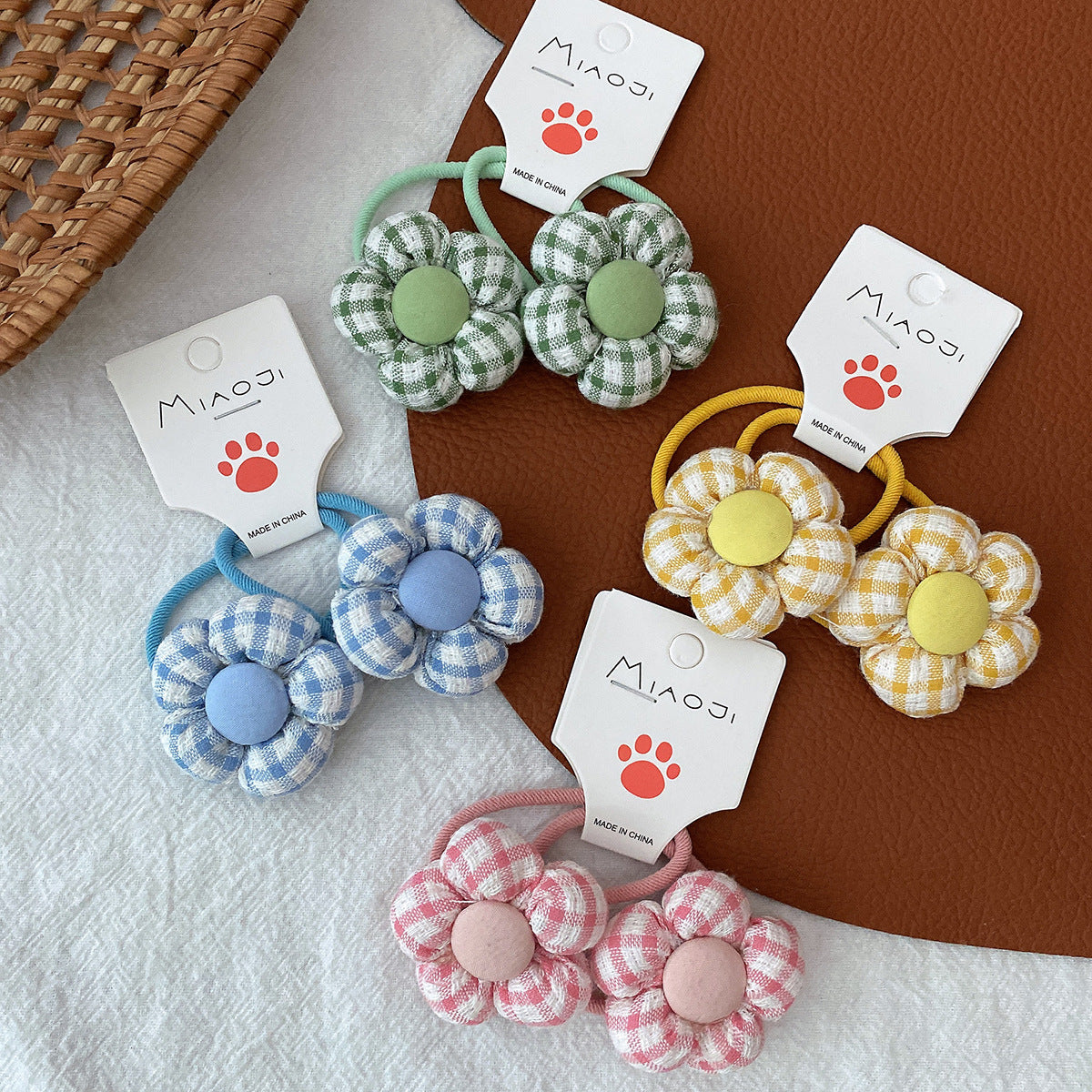 Girls Fabric Checkered 3D Flower Candy-Colored Hair Elastic Accessories, MyKids-USA®, Hair Pins, Claws & Clips, MyKids-USA - - - - - - -