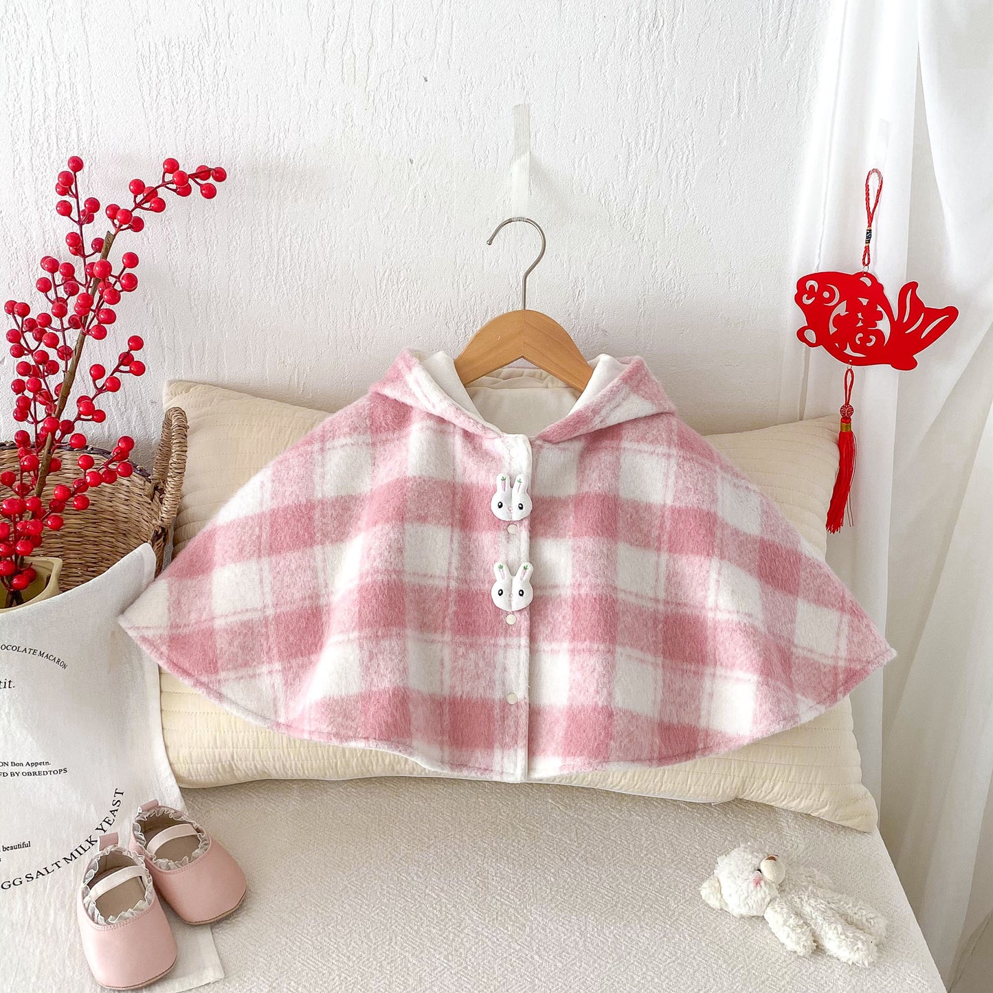 Autumn and Winter Baby Girl Pink and White Plaid Warm Cozy Fleece Cape Popular Shawl, MyKids-USA®, Baby & Toddler Outerwear, MyKids-USA - - - - - - -