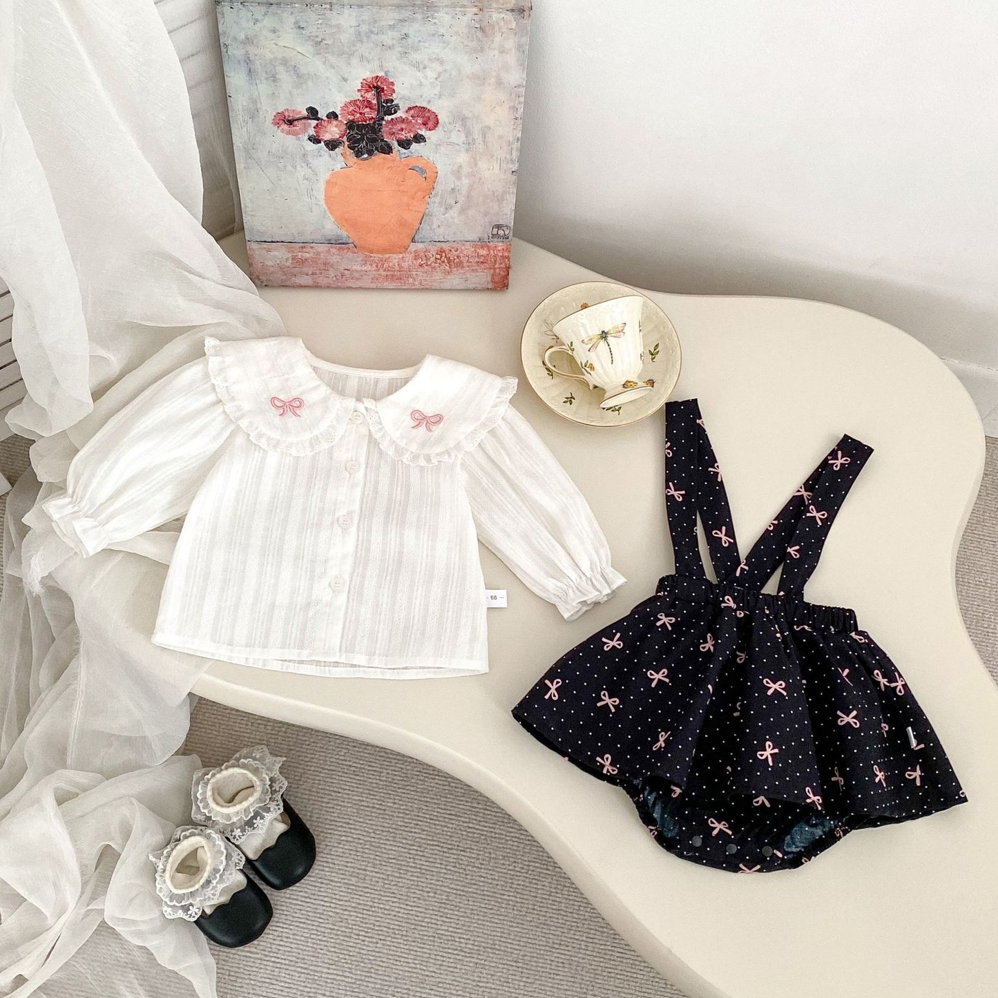 Arrival Spring Girls Long Sleeves Butterfly-Bows Embroidered Collar Top Shirt and Overalls Skirt Set Clothing Set, MyKids-USA®, Baby One-Pieces, MyKids-USA - - - - - - -