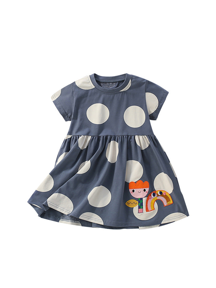 Summer Arrival Flowers Cartoon and Polka Dots Pattern Short Sleeves Dress for Stylish Girls, MyKids-USA®, Baby & Toddler Dresses, MyKids-USA - - - - - - -