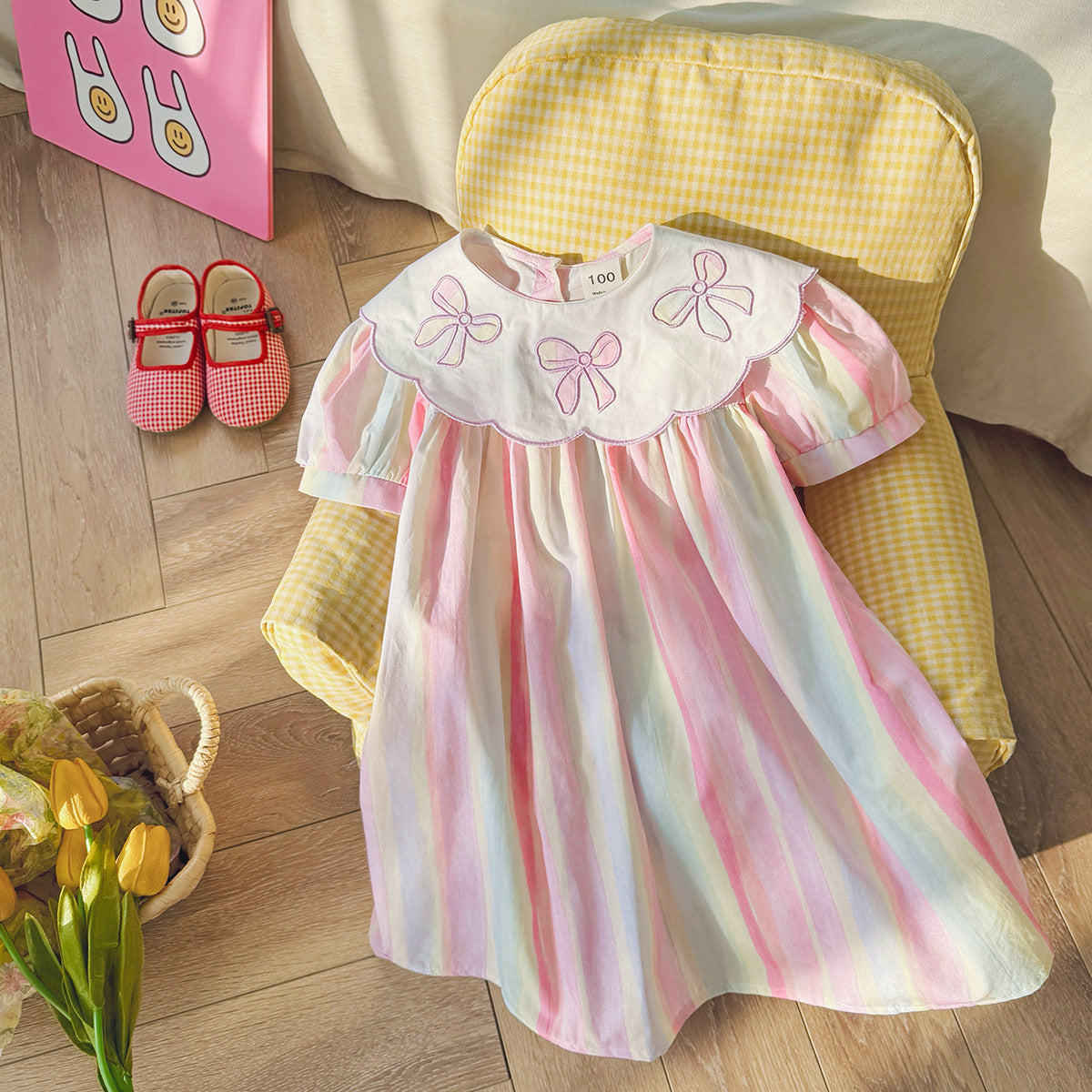 Summer Arrival Baby Kids Girls Short Sleeves Geometric Pattern Embroidered Striped Dress, MyKids-USA®, Baby & Toddler Dresses, MyKids-USA - - - - - - -