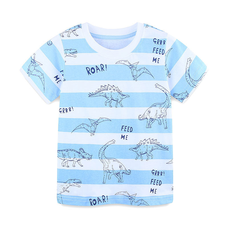 Summer Boys’ Dinosaurs Cartoon and Letters Pattern Striped T-shirt in European and American Style, MyKids-USA®, T-Shirts, MyKids-USA - - - - - - -