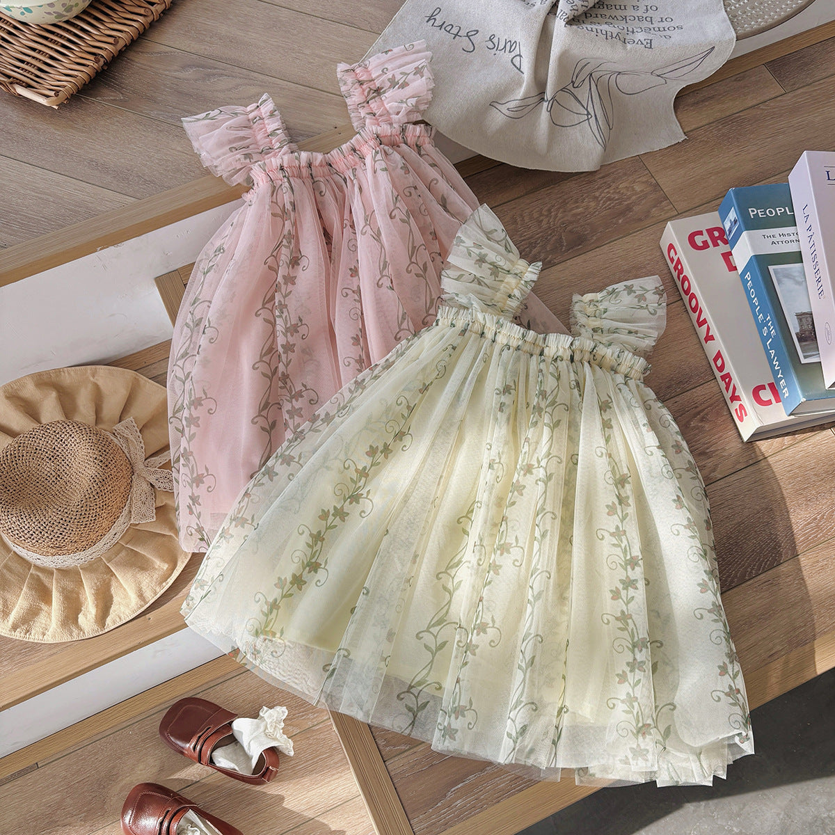 Summer Arrival Floral Pattern Fly Sleeves Tulle Dress for Stylish Girls, MyKids-USA®, Baby & Toddler Dresses, MyKids-USA - - - - - - -