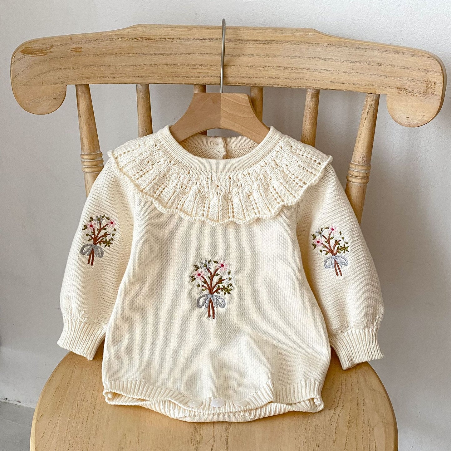 Autumn Design Baby Girls Flowers Embroidery Pattern Long Sleeves Ruffle Collar Knitted Onesies, MyKids-USA®, Baby One-Pieces, MyKids-USA - Size/Age - 66 (3-6M) - Color - White - - - TR2408222033-E