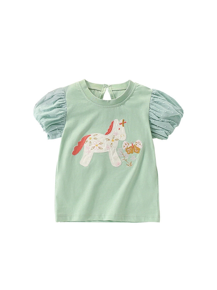 Summer Girls’ Pony and Flowers Pattern T-shirt in European and American Style, MyKids-USA®, Baby & Toddler Tops, MyKids-USA - - - - - - -