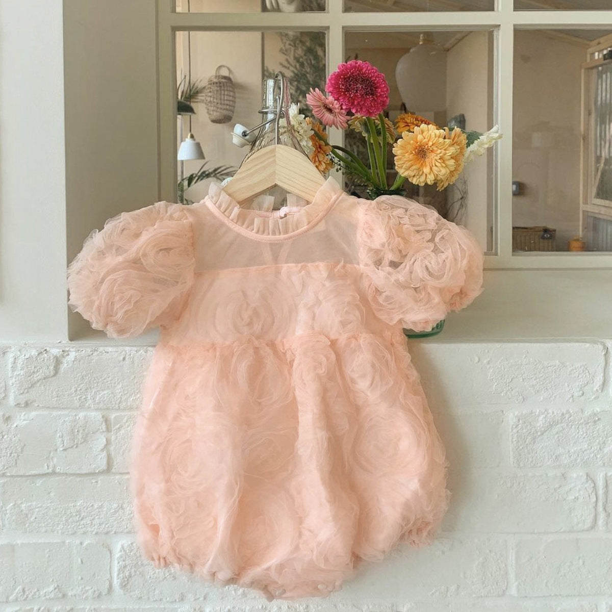 Summer Hot Selling Baby Kids Girls Short Sleeves Ruffle Neck Thin Floral Mesh Princess Dress, MyKids-USA®, Baby One-Pieces, MyKids-USA - Size/Age - 66 (3-6M) - Color - Pink - - - TR2406052250-B