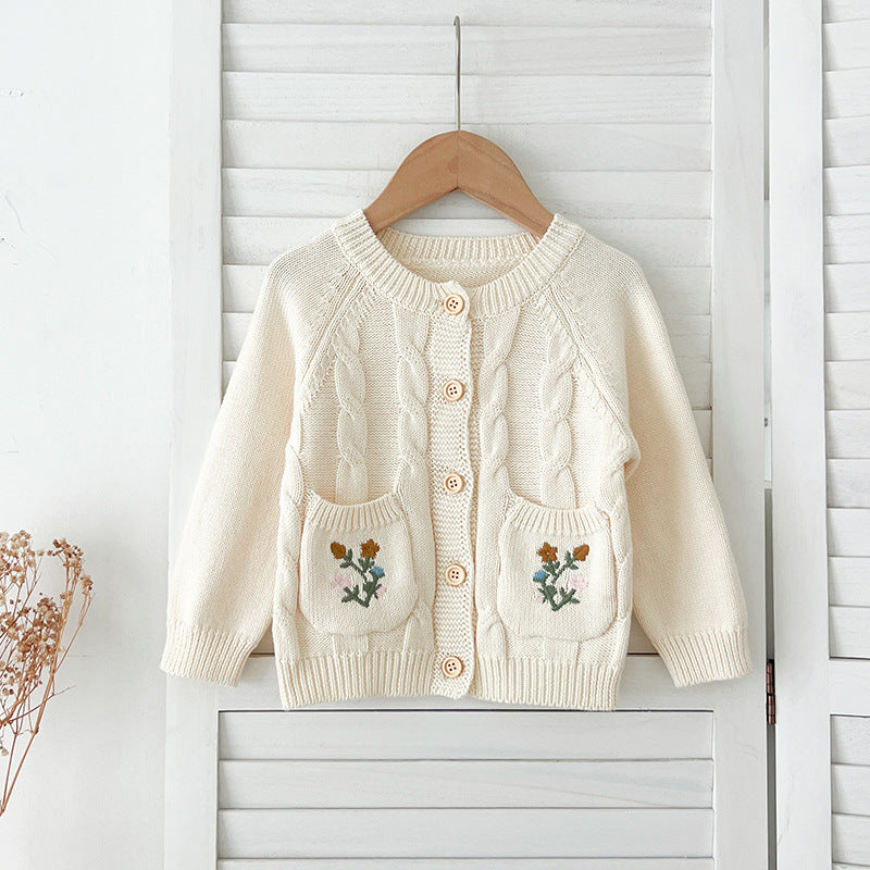 Arrival Baby Girls Comfortable Flowers Embroidery Pattern Pocketed Knitted Long Sleeves Cardigan, MyKids-USA®, Baby & Toddler Outerwear, MyKids-USA - - - - - - -