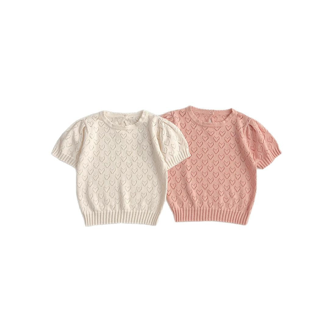 Summer Arrival Baby Kids Girls Comfortable Heart Pattern Knitted Short Sleeves Top, MyKids-USA®, Baby & Toddler Tops, MyKids-USA - - - - - - -