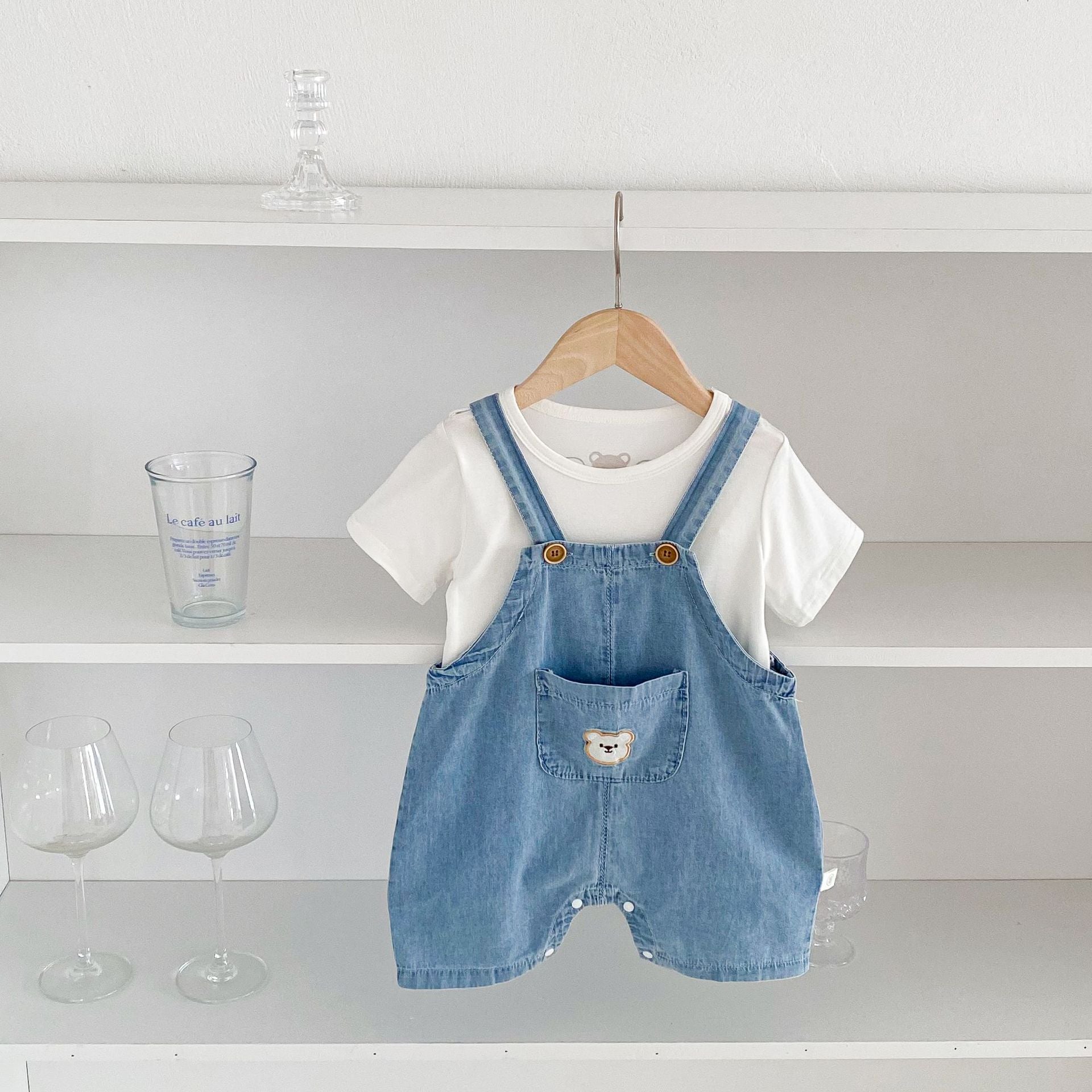 summer infant bear Arrival Summer Baby Kids Unisex Teddy Bear Pattern Short Sleeves T-Shirt And Thin Denim Overalls Romper – Baby Matching Clothing Set 80 (9-12M) / Blue